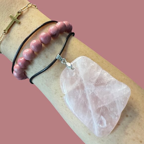 Rose Quartz Pendant Necklace pink rhodonite bracelet fashion accessories bundle - Picture 6 of 10